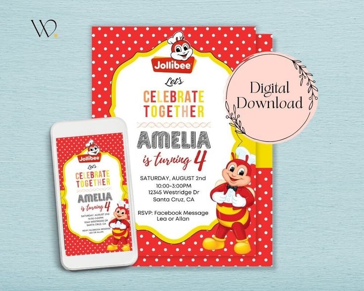 Editable Jollibee Birthday Invitation Personalized Jollibee Birthday