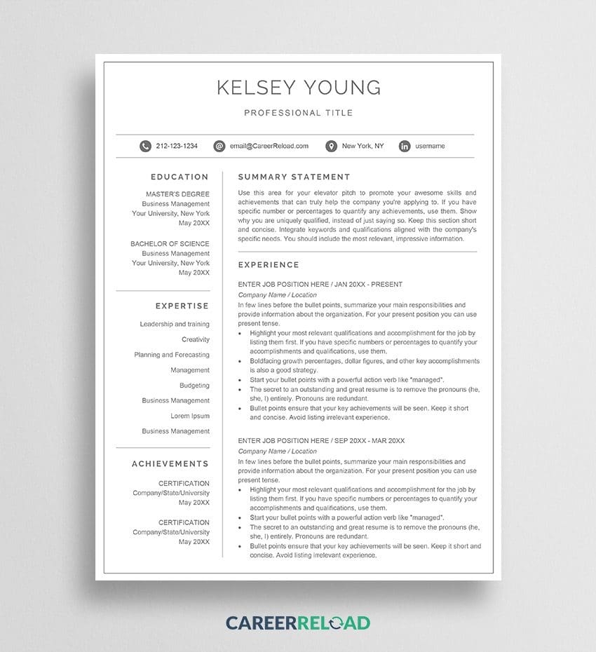 Elegant Resume Template For Word Instant Download