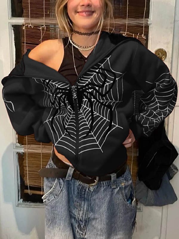 Emmiol Free Shipping 2023 Spider Print Zip Up Hoodie Black M In Hoodies 