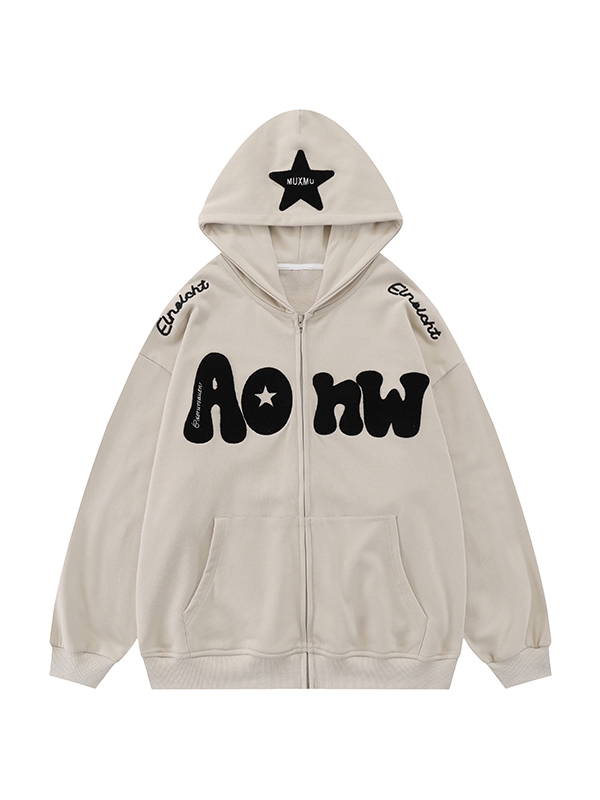 Emmiol Free Shipping 2024 Flocking Letter Print Oversized Hoodie Beige 