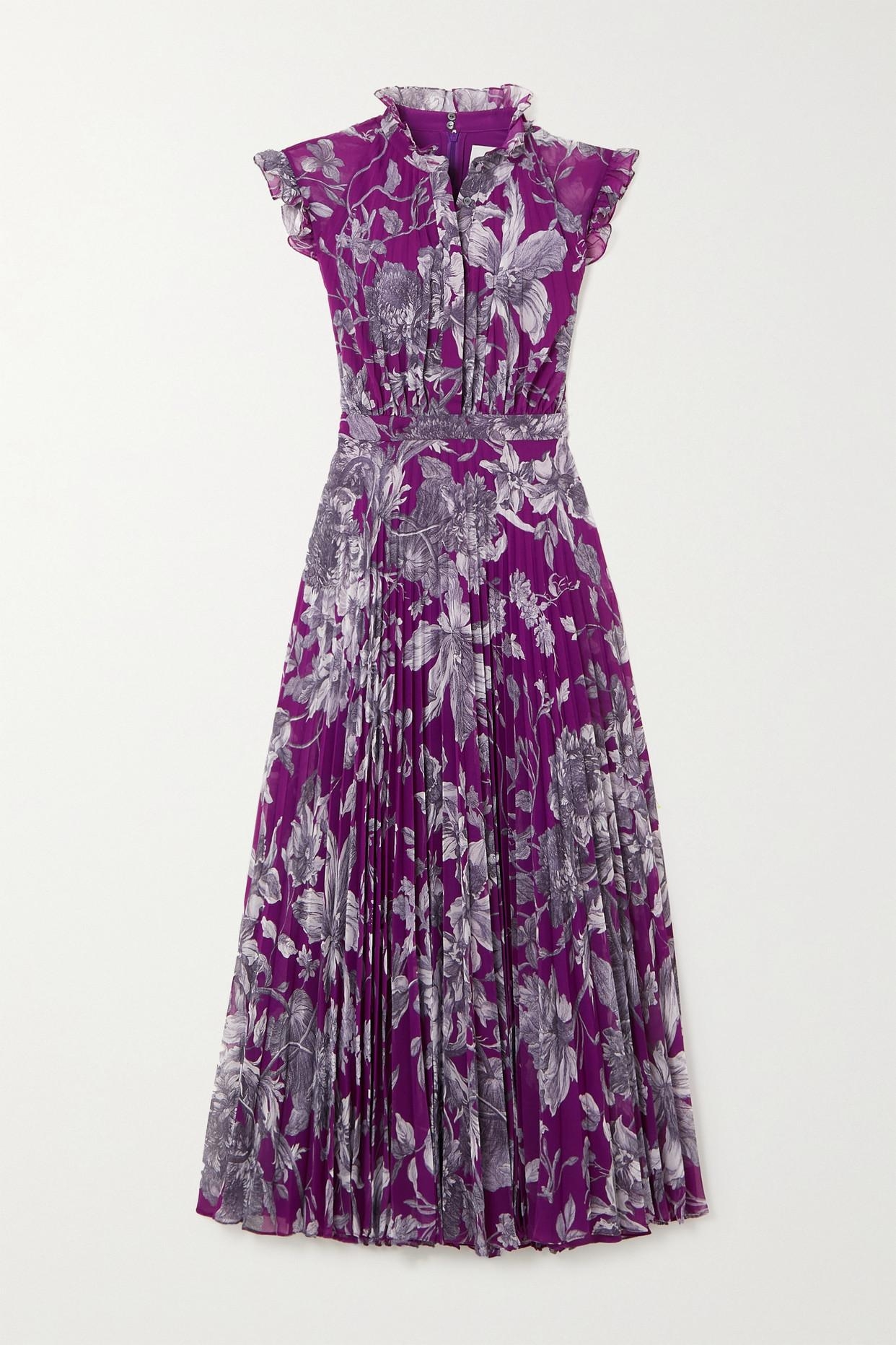 Erdem Roisin Pleated Floral print Voile Midi Dress In Purple Lyst