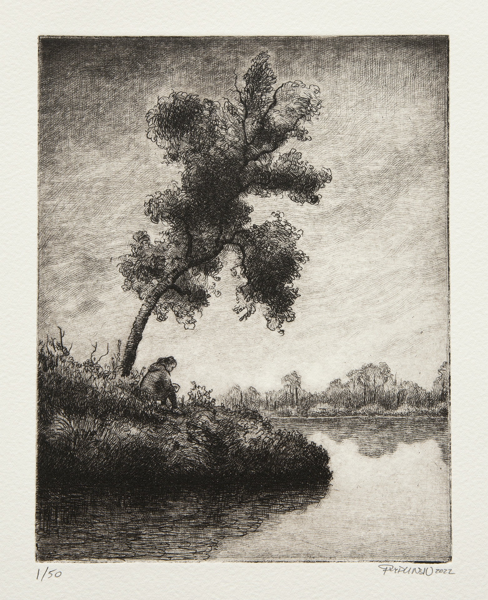 Etching Meditation On A Lake Tree Alex Rydlinski