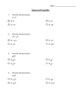 Exponent Properties Quiz Practice Worksheet answers Included 
