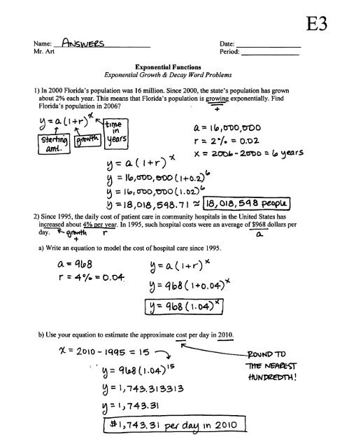 Exponential Growth And Decay Word Problems Worksheet With Answers