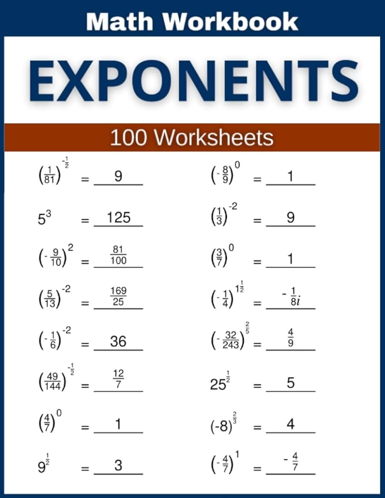 Exponents Math Workbook 100 Worksheets Hands on Practice For Exponents