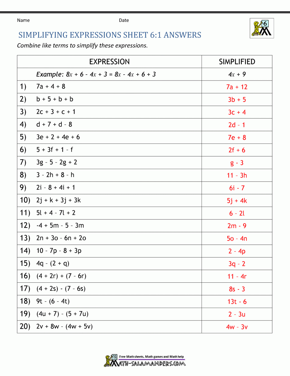 Expressions And Equations 6th Grade Worksheets Library
