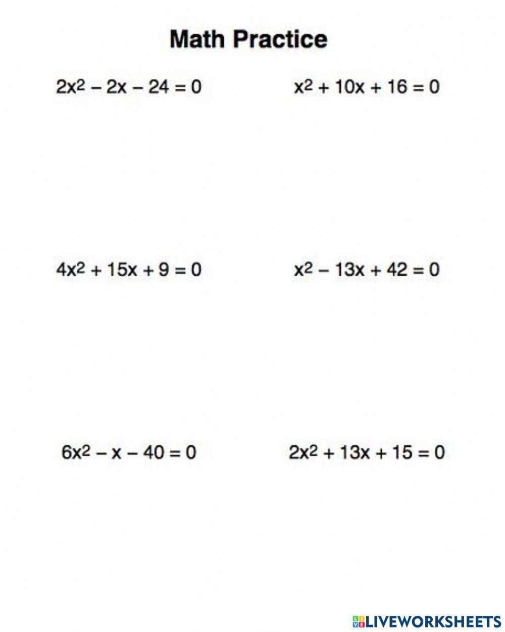 Factoring Quadratic Equations Worksheet For 8th 11th Grade 
