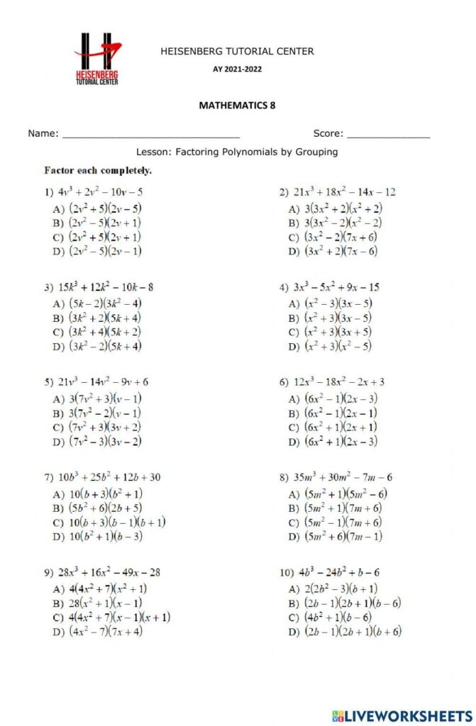 Factoring Trinomials Worksheet For 9th 11th Grade Lesson Planet