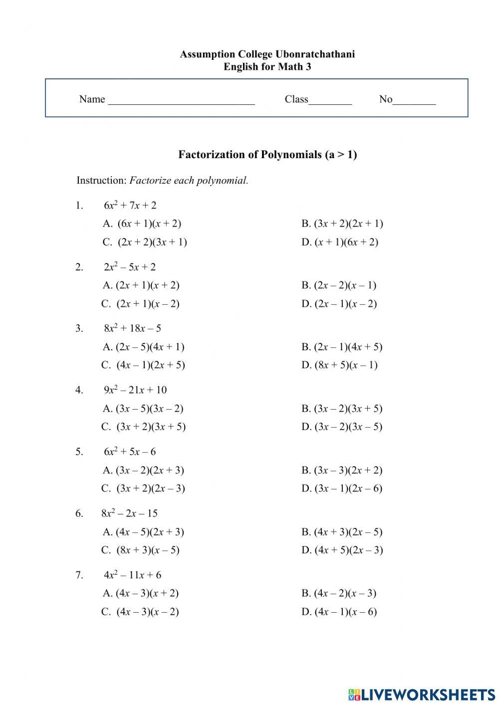 Factorization Of Polynomials a 1 Worksheet Live Worksheets 