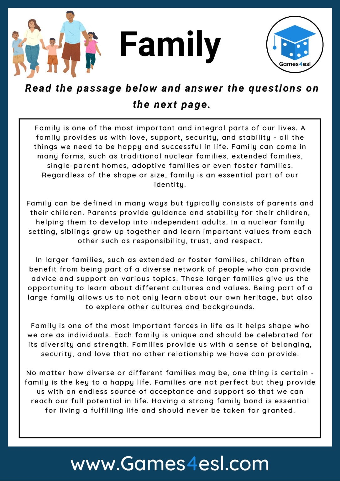 Family Reading Comprehension Worksheet Games4esl