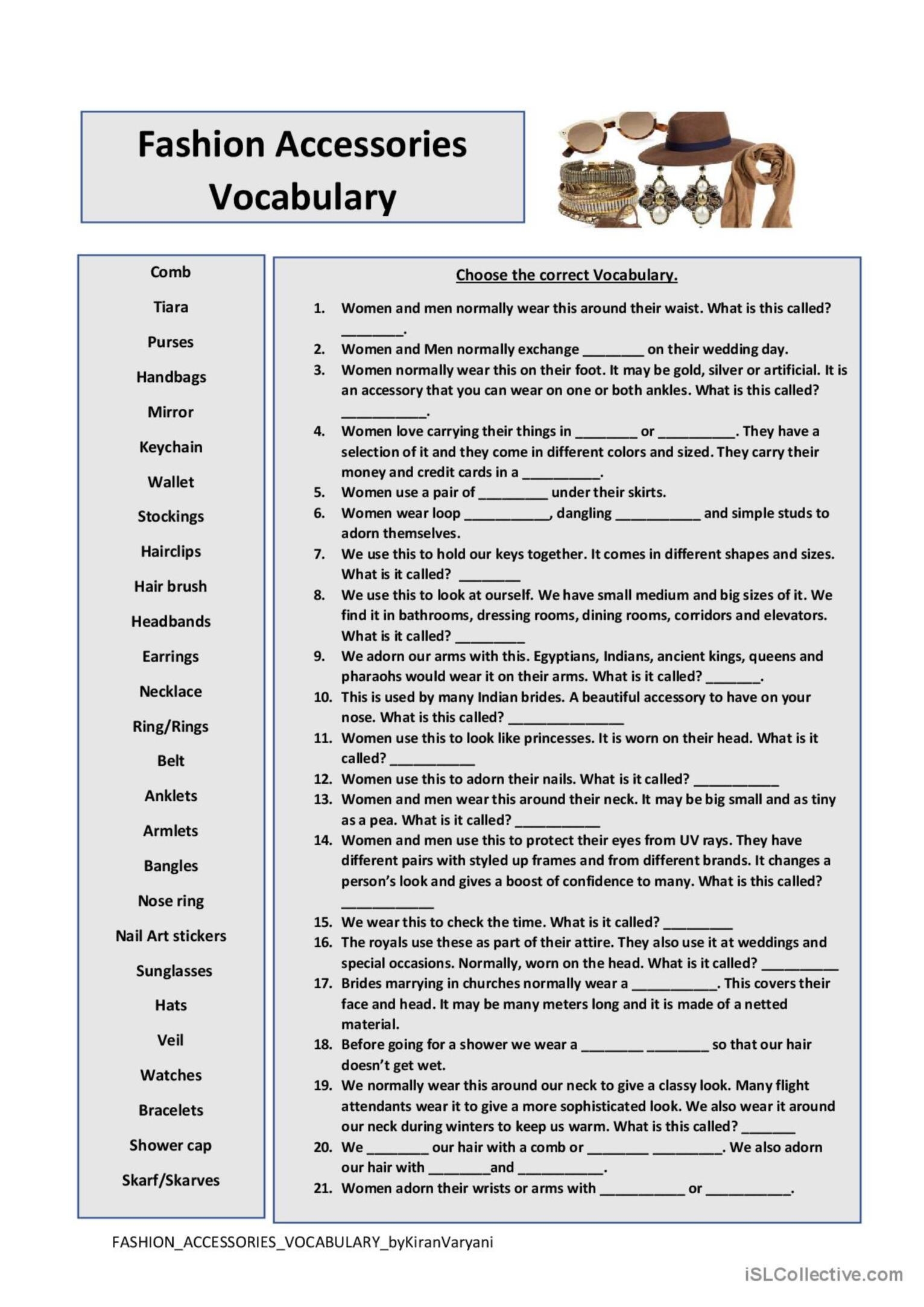 Fashion Accessories Vocabulary English ESL Worksheets Pdf Doc