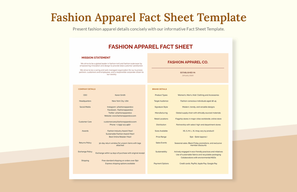 Fashion Apparel Fact Sheet Template In Excel Google Sheets Download