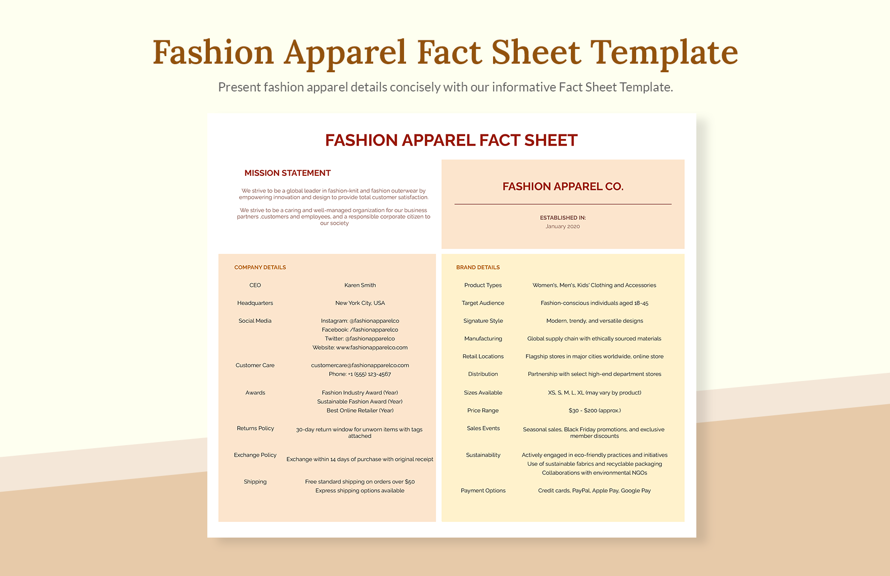 Fashion Apparel Fact Sheet Template In Excel Google Sheets Download 