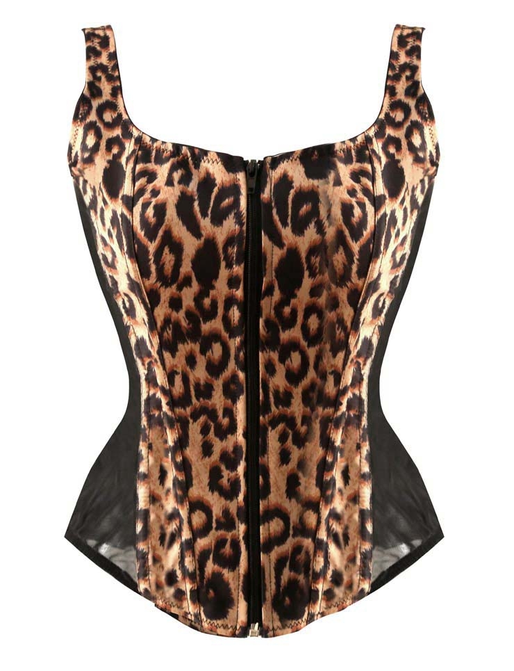 Fashion Brown Satin Leopard Print Square Neck Zipper Bustier Corset N10590