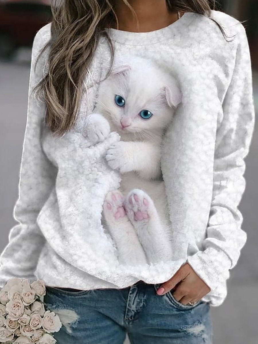 Fashion Cat Print Long Sleeve Sweatshirt Azzlee
