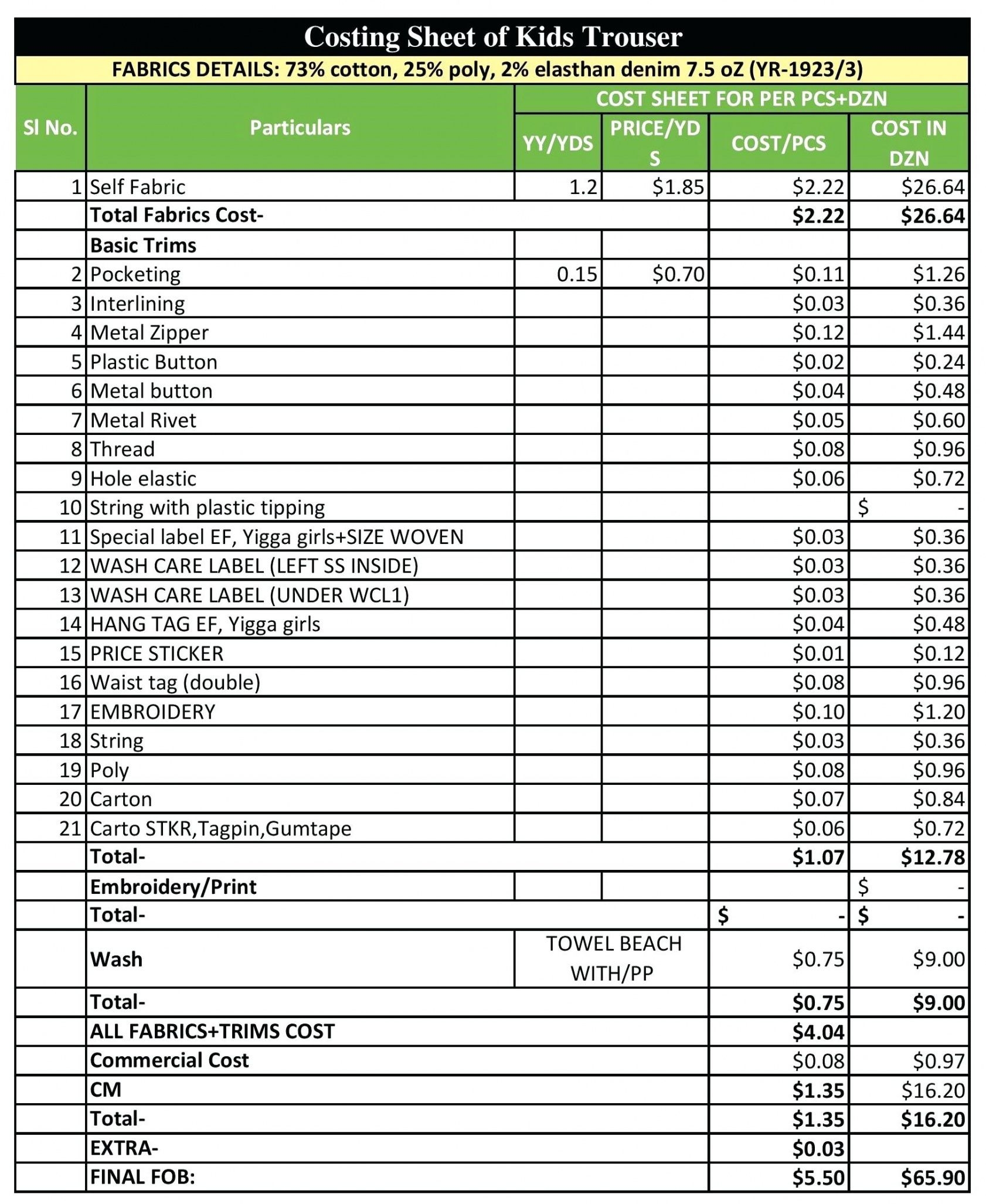 Fashion Cost Sheet Template