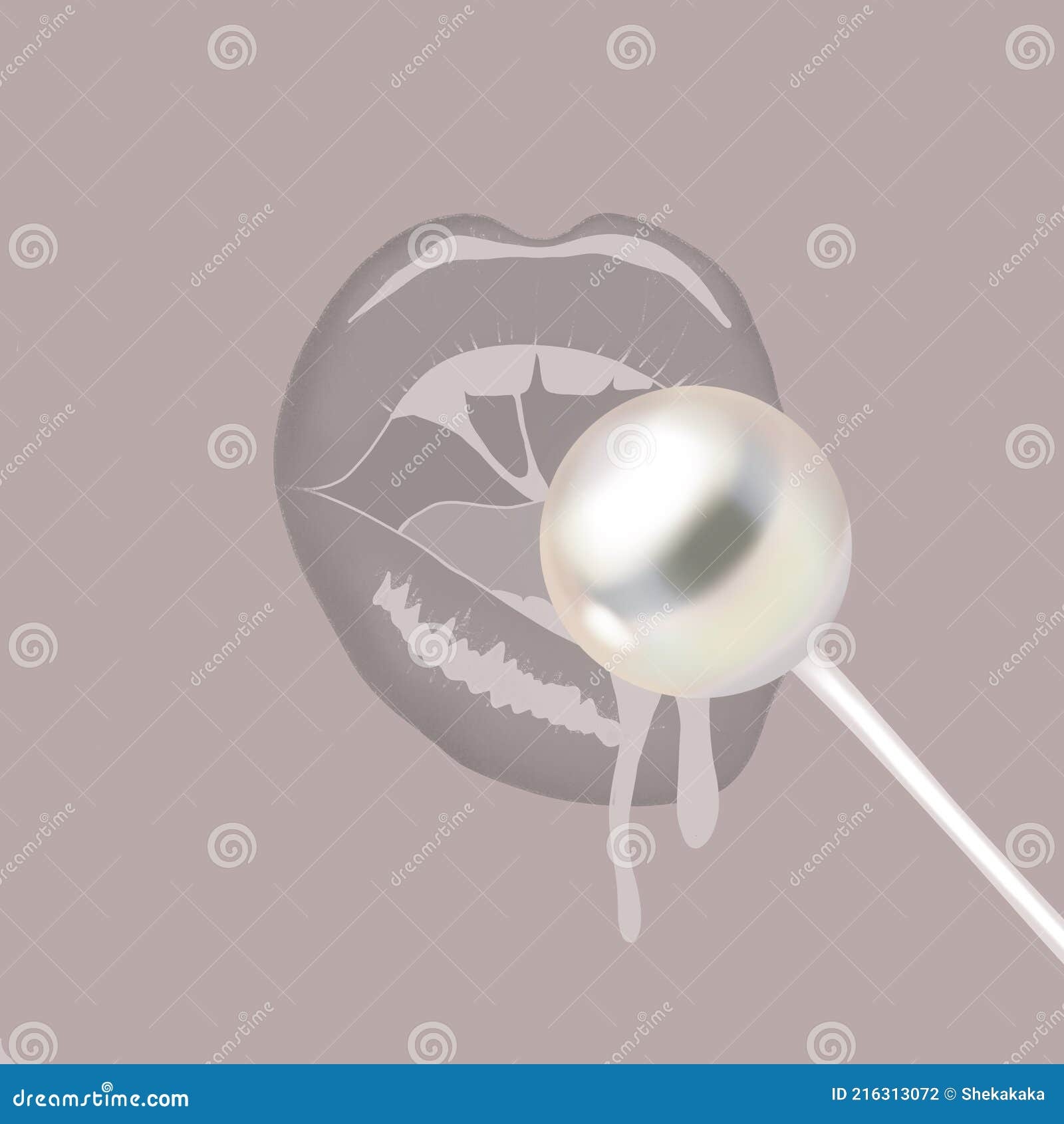 Fashion Illustration Print Lips With Candy On A Pearl Poster Stock 