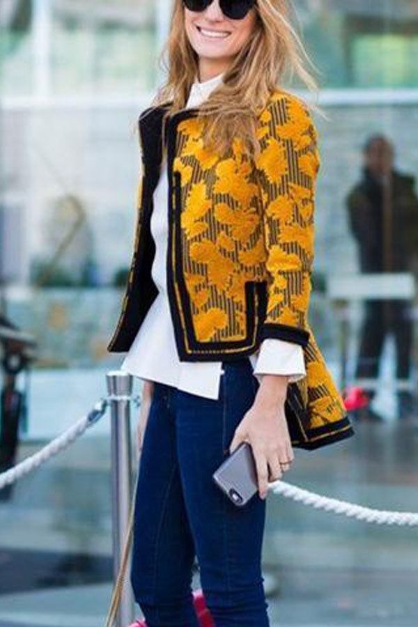 Fashion Print Irregular Long Sleeve Coat Yellow L Work Outfit 
