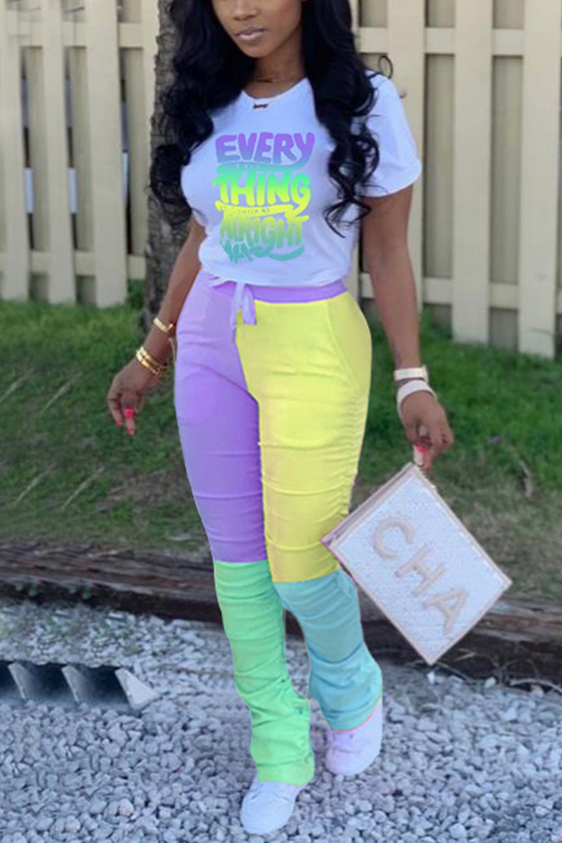 Fashion Print T shirt Patchwork Pants Yellow Casual Set