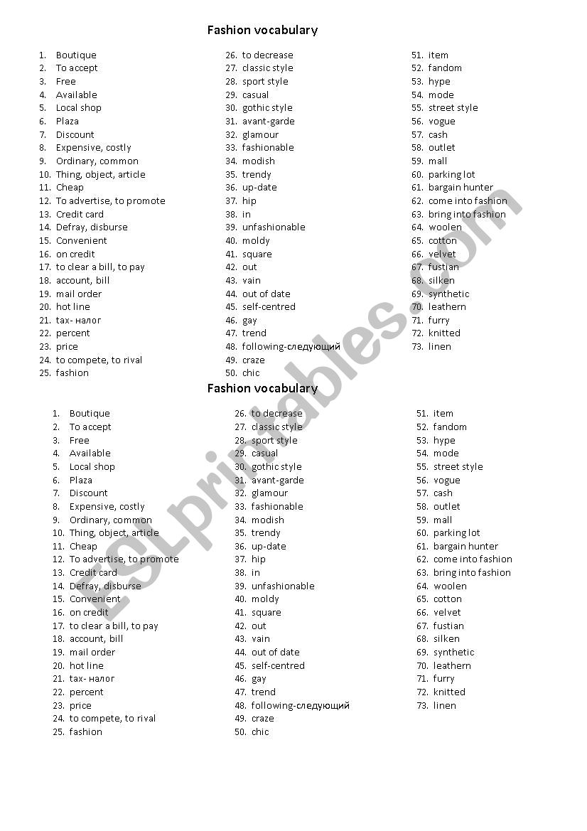 fashion vocabulary worksheet pdf