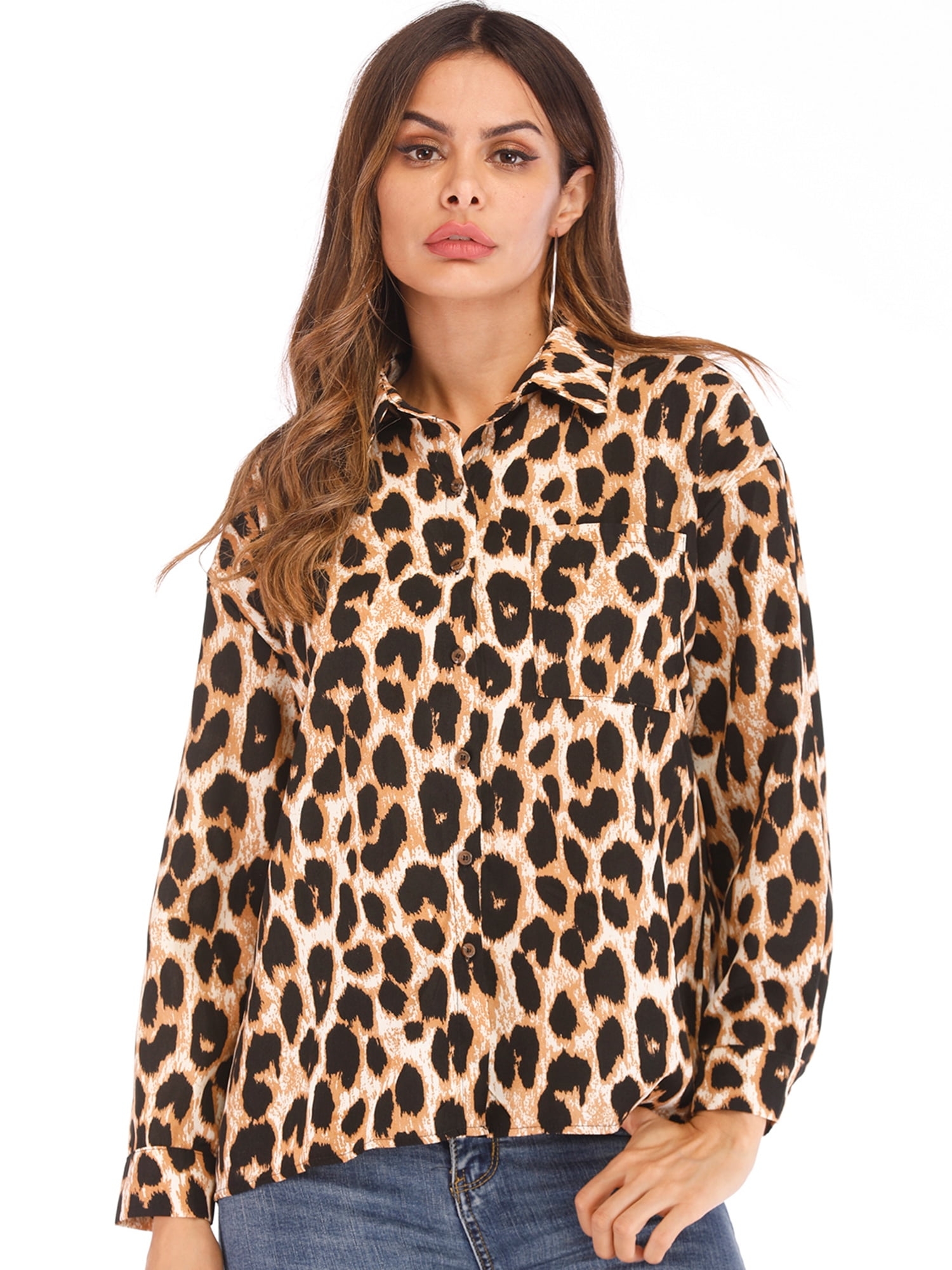 Fashion Womens V Neck Leopard Print Chiffon Blouse T shirts Long Sleeve 