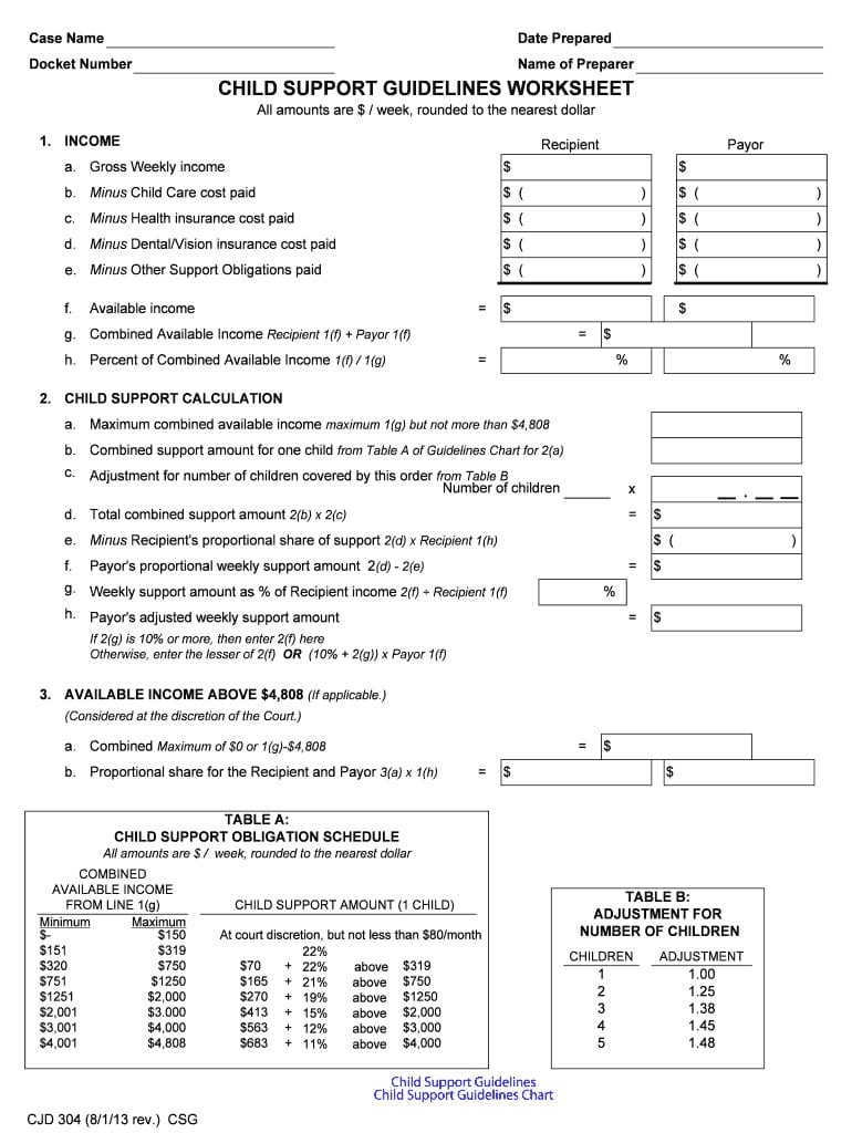 Fillable Online Mass Child Support Guidelines Worksheet Cjd Db excel