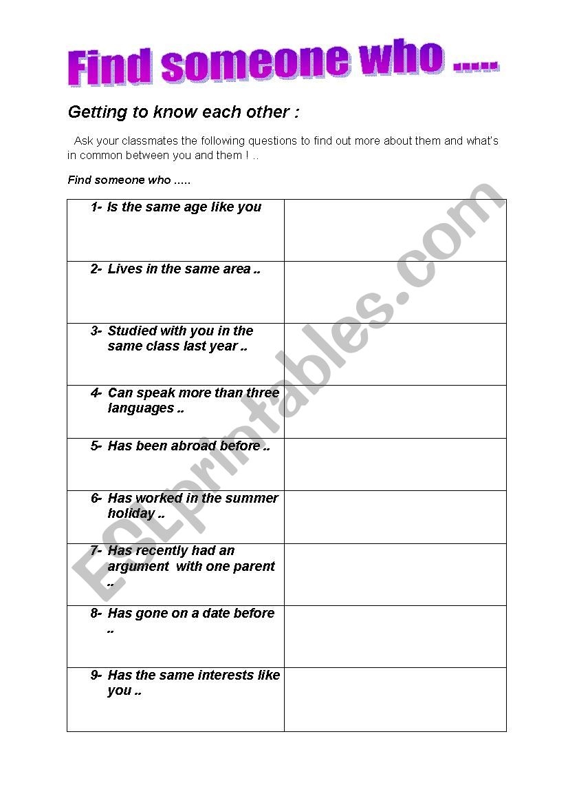 Find Someone Who Worksheet For Adults