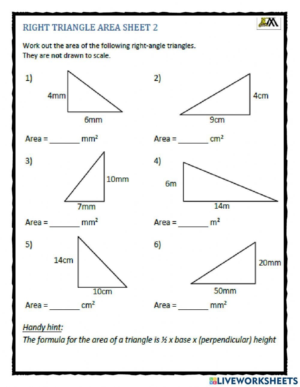 Find The Area Of A Triangle Worksheet Live Worksheets Worksheets 