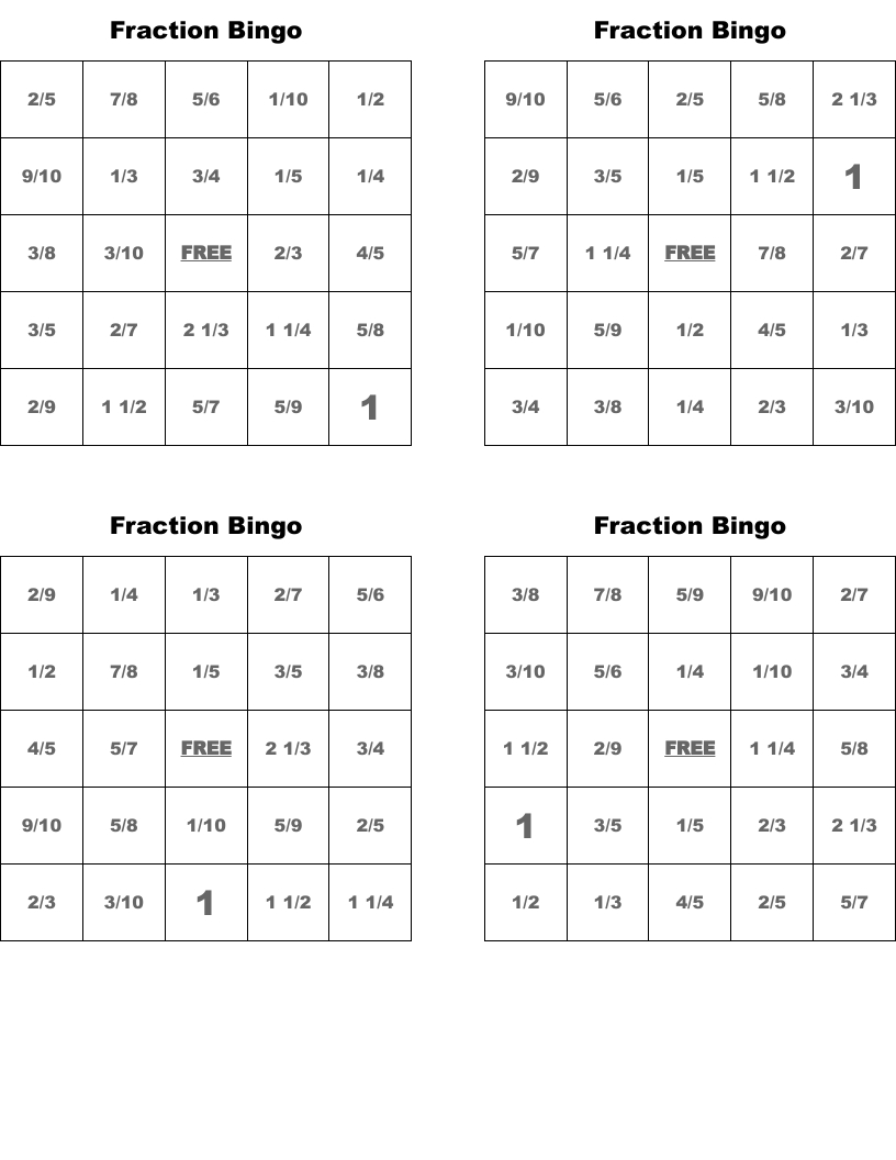 free printable fraction bingo cards