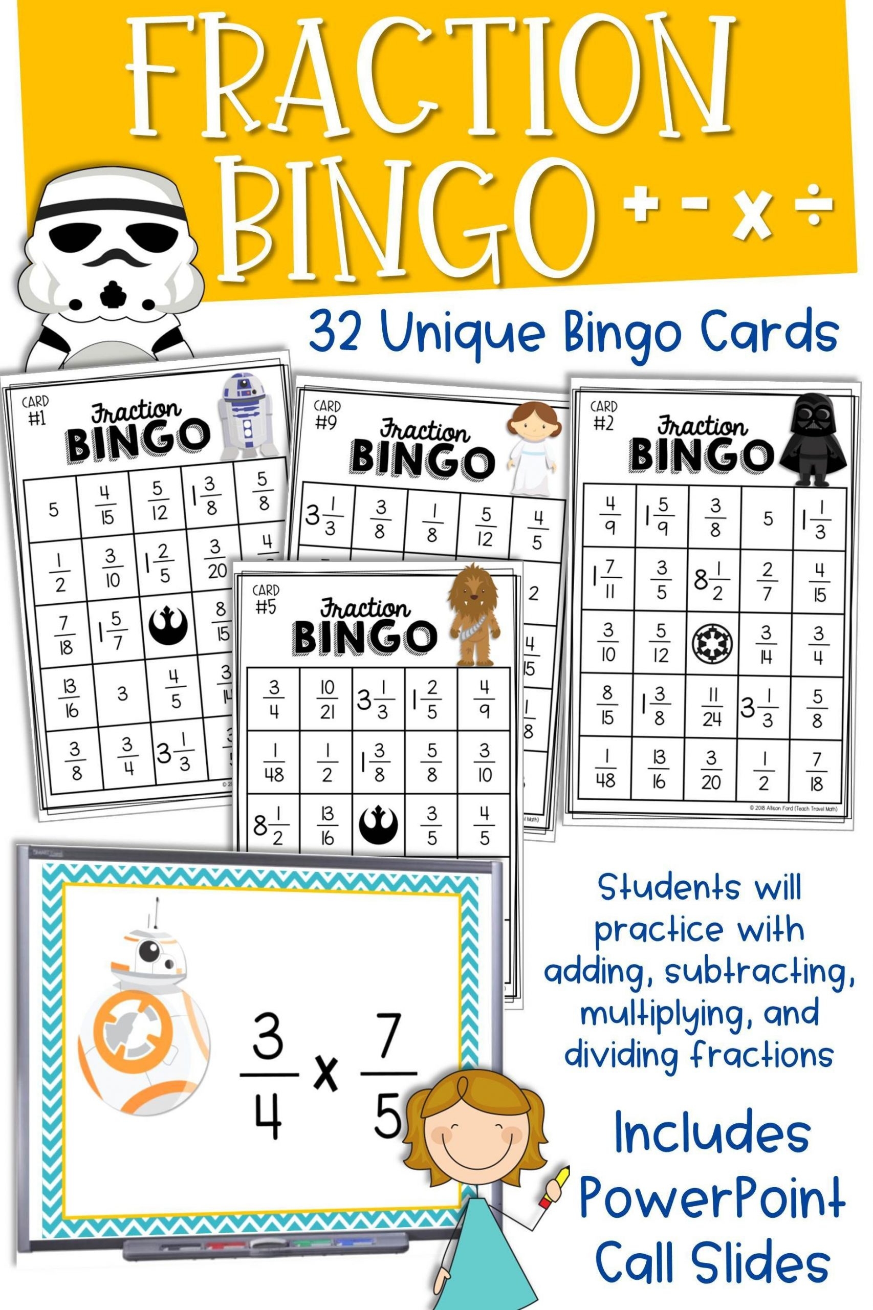 Fraction Bingo Game Star Wars Theme Fraction Bingo Printable Bingo