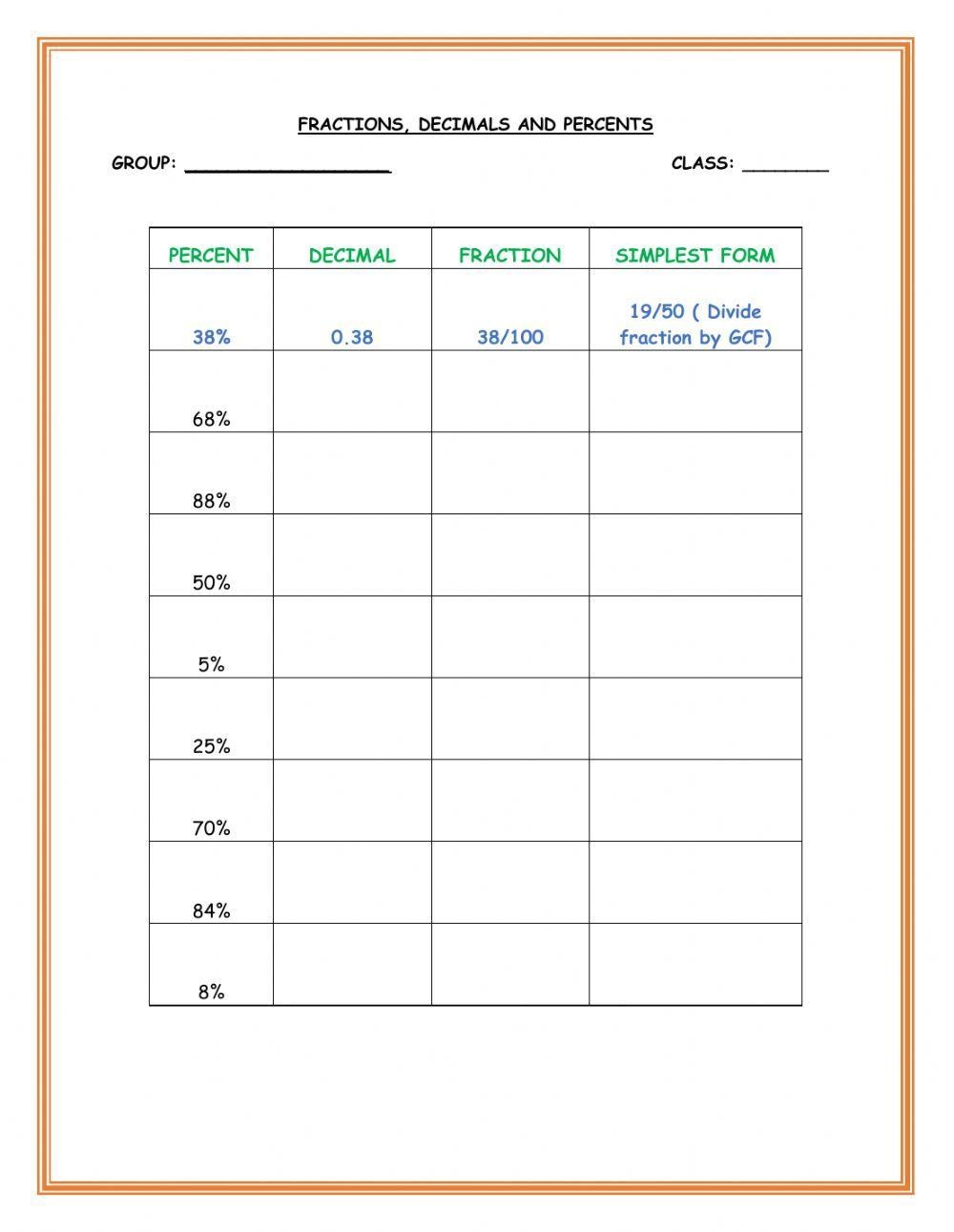 Fractions Decimals Percents Worksheets Worksheets Library