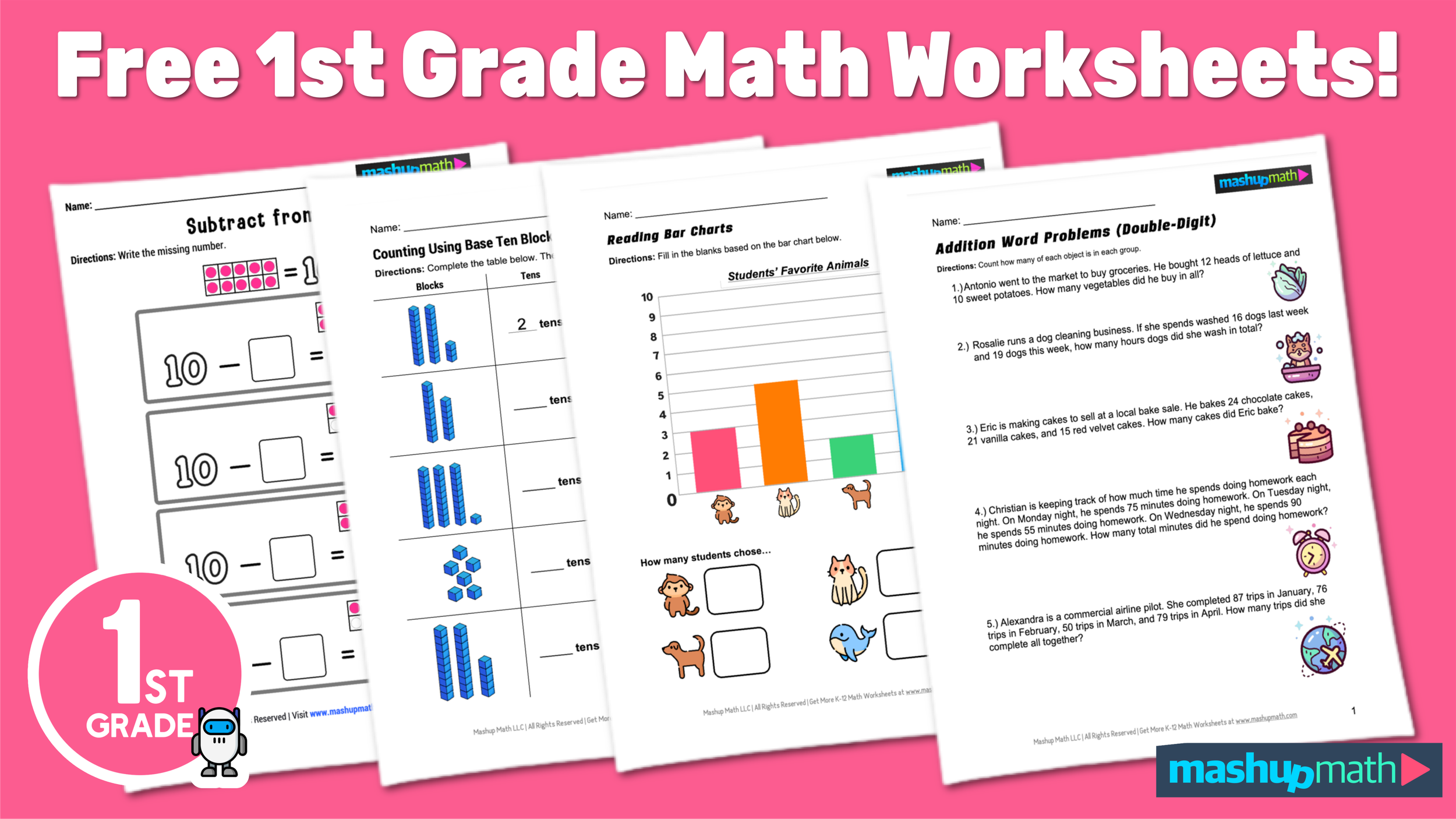 Free 1st Grade Math Worksheets Printable W Answers Mashup Math 