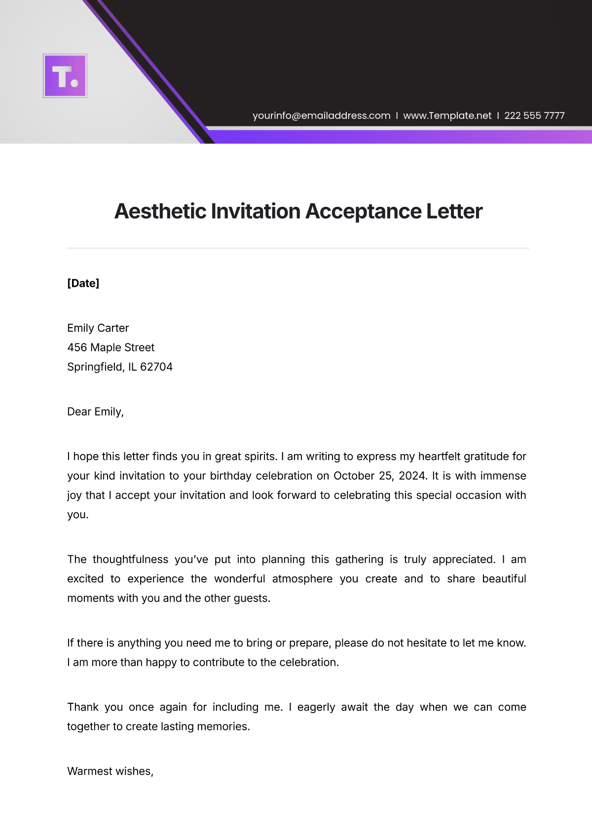 Free Aesthetic Invitation Acceptance Letter Template To Edit Online