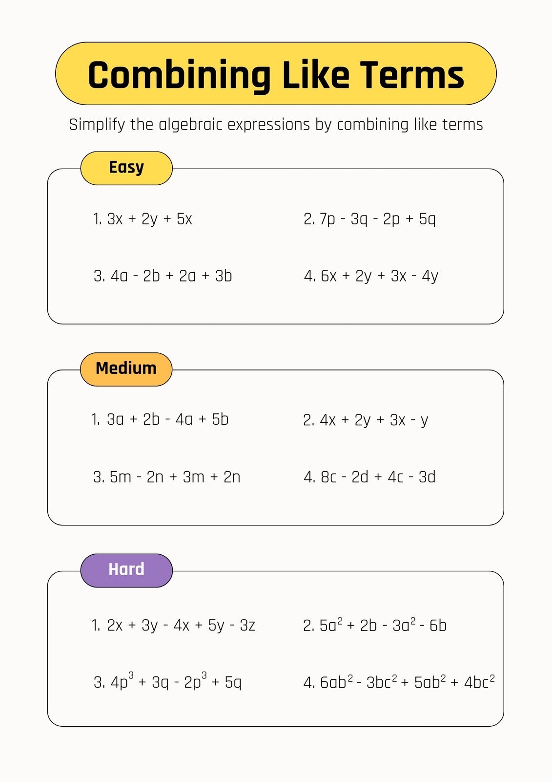 combining like terms worksheets