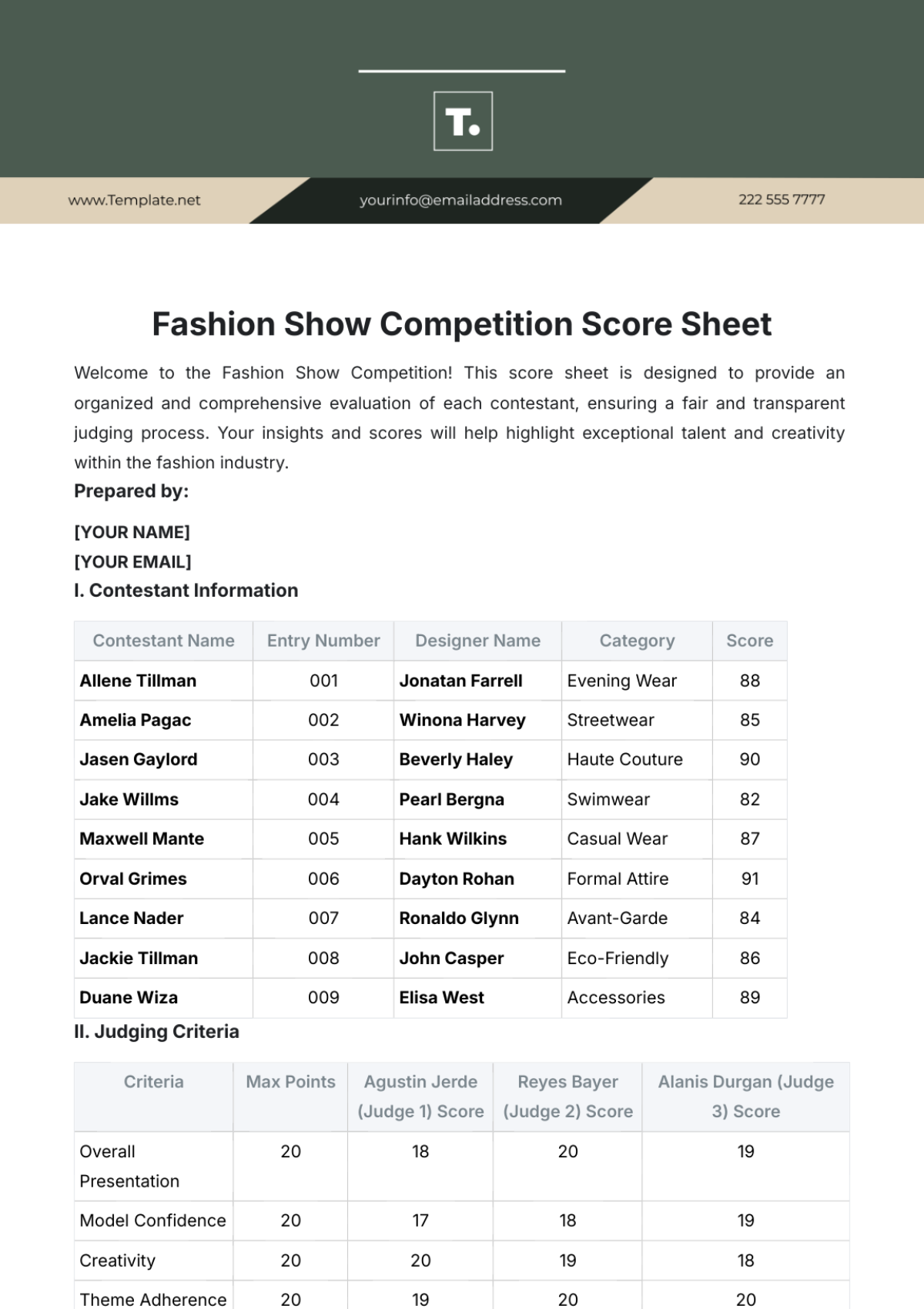Free Fashion Show Competition Score Sheet Template To Edit Online
