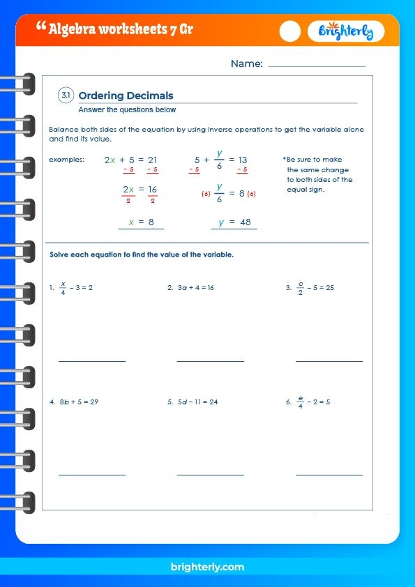 Free Printable 7th Grade Algebra Worksheets PDFs Brighterly