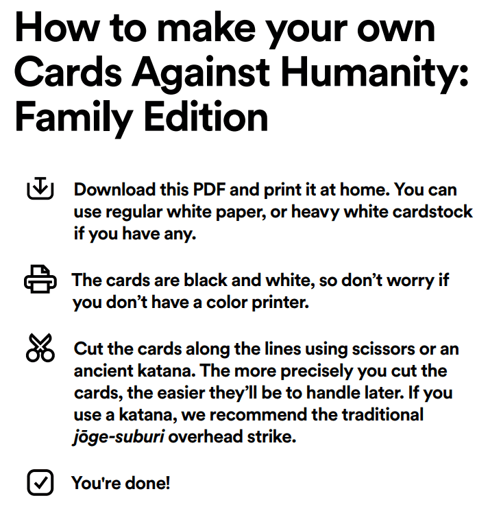 Free Printable Cards Against Humanity Family Edition 