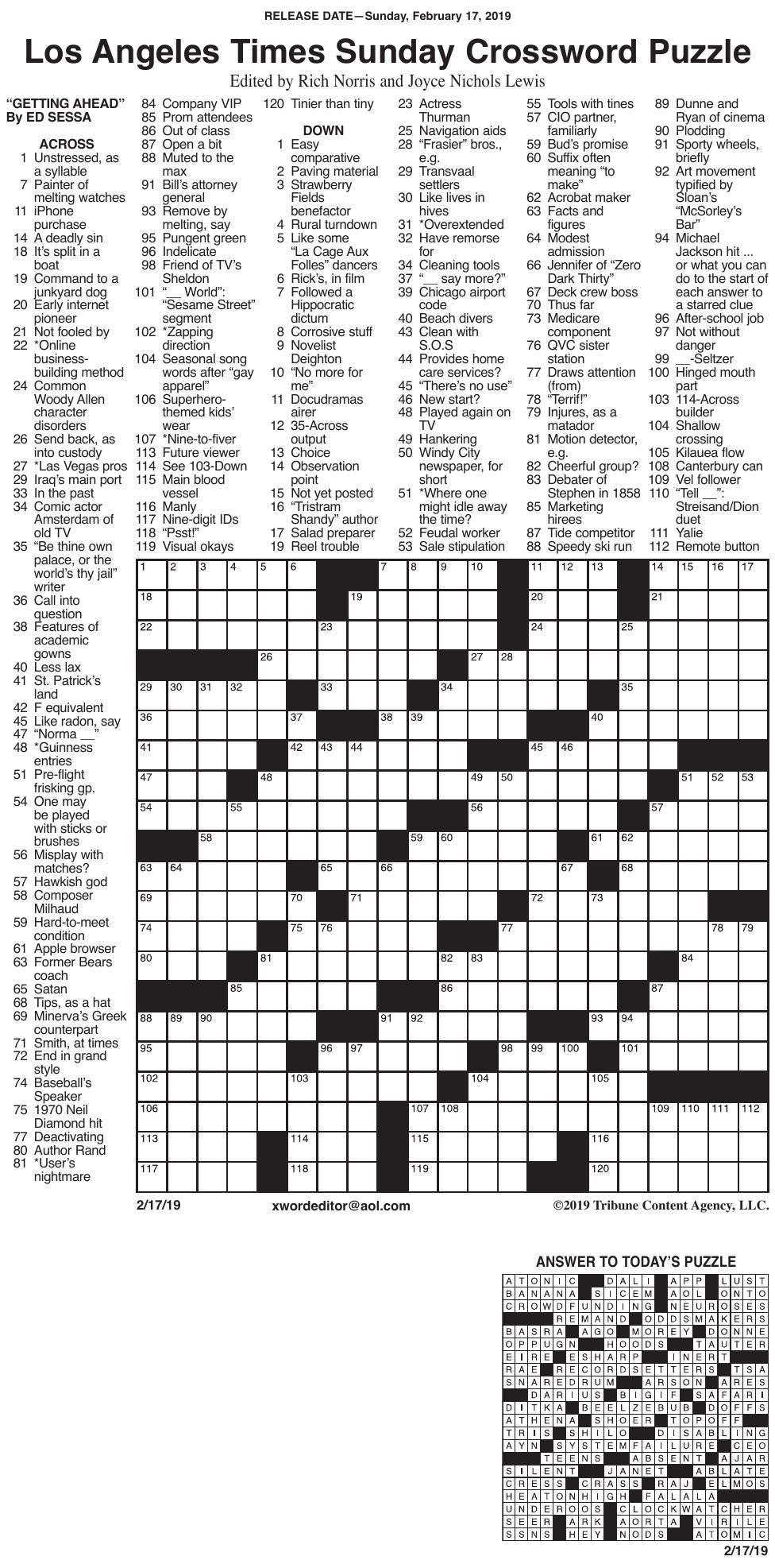 free printable la times crossword puzzles