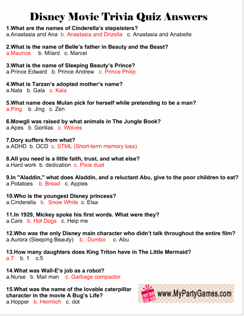 Free Printable Disney Movie Trivia Quiz Movie Trivia Quiz Disney