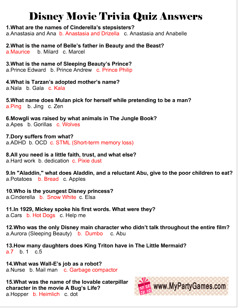 Free Printable Disney Movie Trivia Quiz Movie Trivia Quiz Disney 