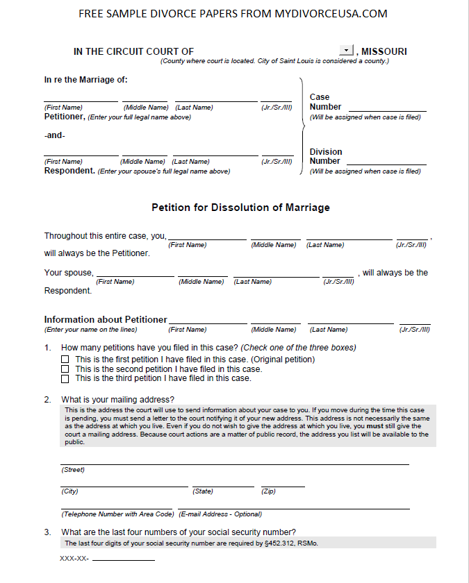 Free Printable Divorce Papers Missouri Printable Divorce Papers