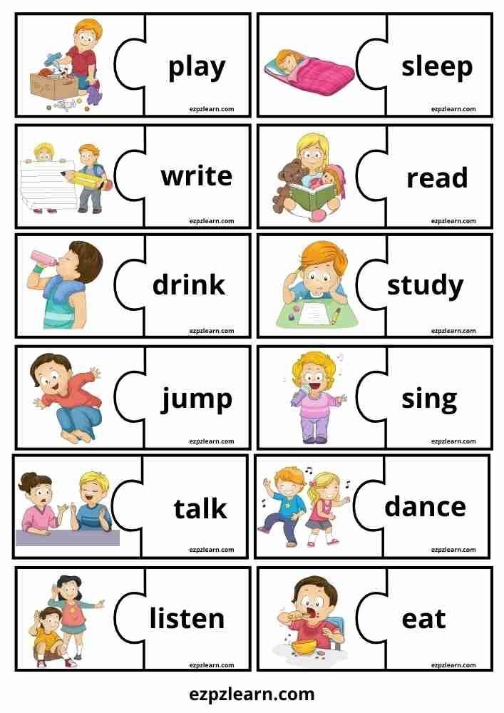Free Printable English Puzzle Match Game Topic Action Verbs Worksheets 