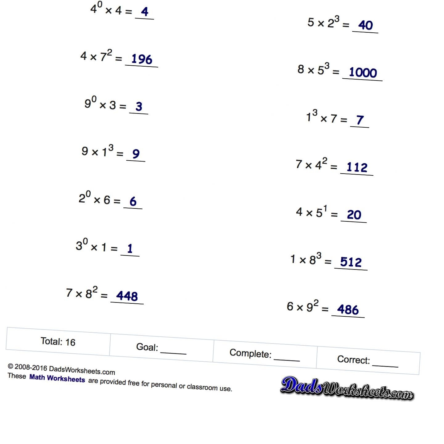 exponent worksheets