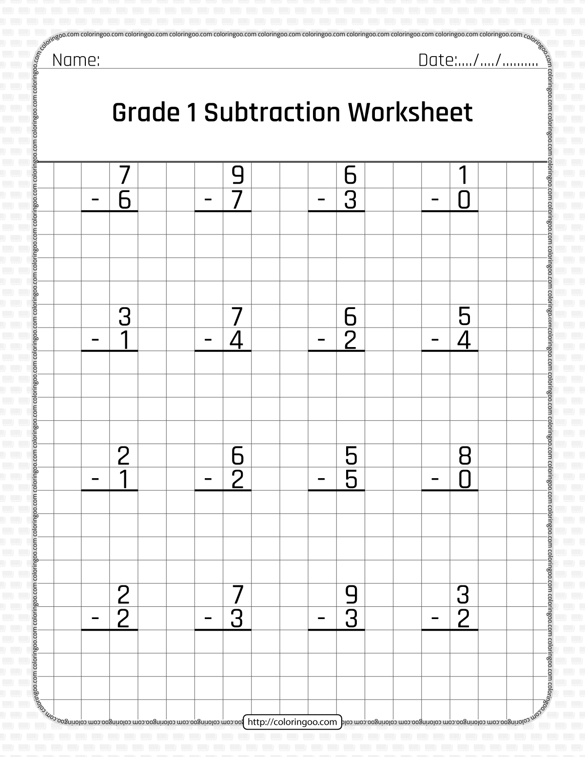 Free Printable Grade 1 Subtraction Worksheet