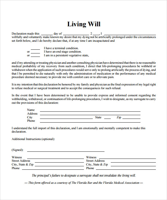free printable living will template
