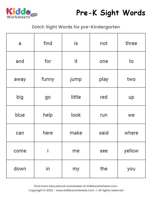 Free Printable Sight Words Pre k Worksheet Kiddoworksheets 