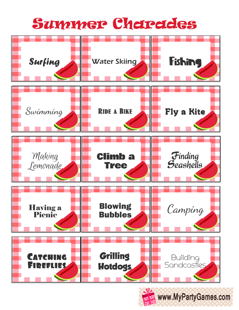 Free Printable Summer Charades Charades For Kids Charades Printable 