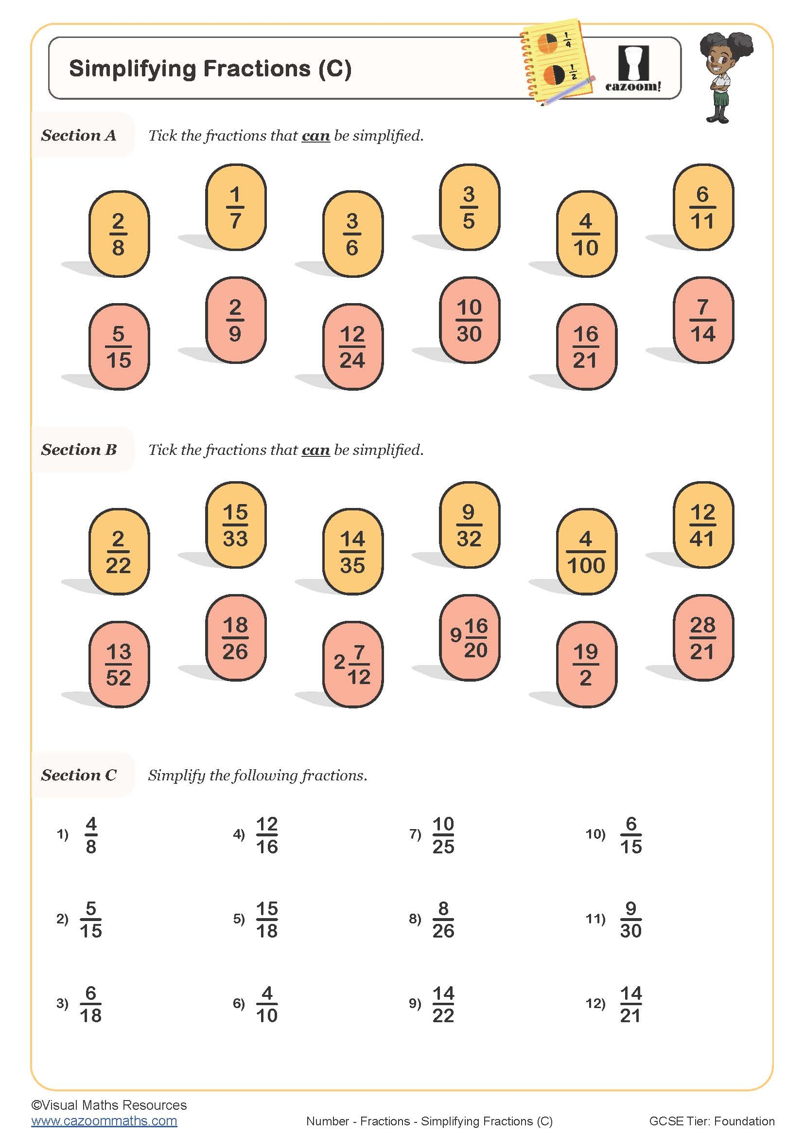simplify fractions worksheet