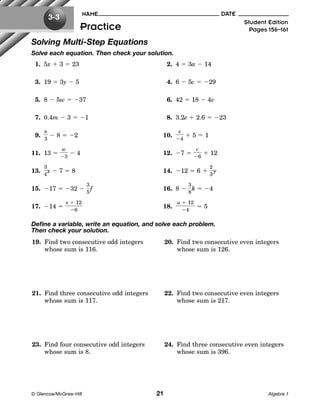 solving multi step equations worksheets pdf
