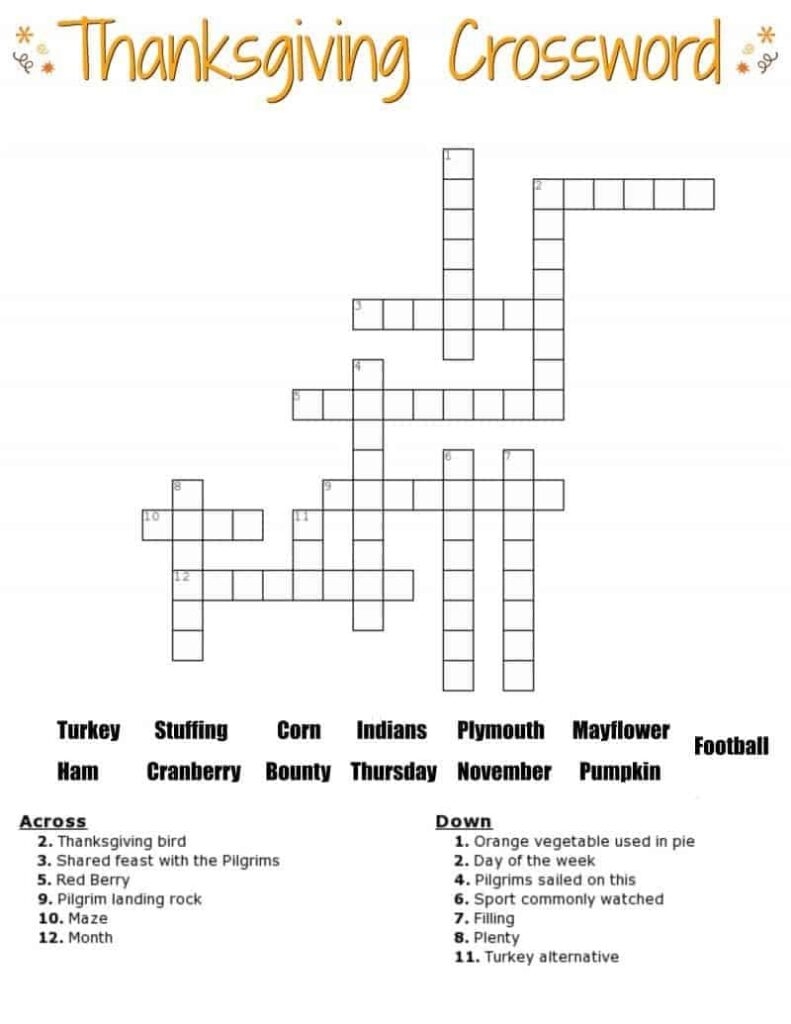 Free Thanksgiving Crossword Puzzles Printable Free Crossword Puzzles